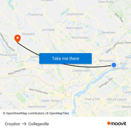 Croydon to Collegeville map