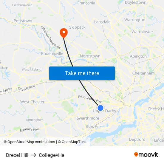 Drexel Hill to Collegeville map