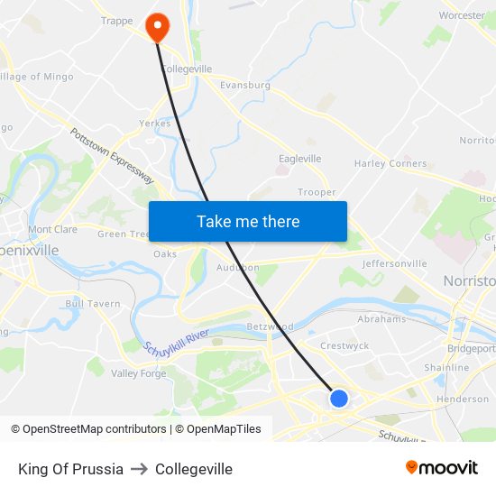 King Of Prussia to Collegeville map
