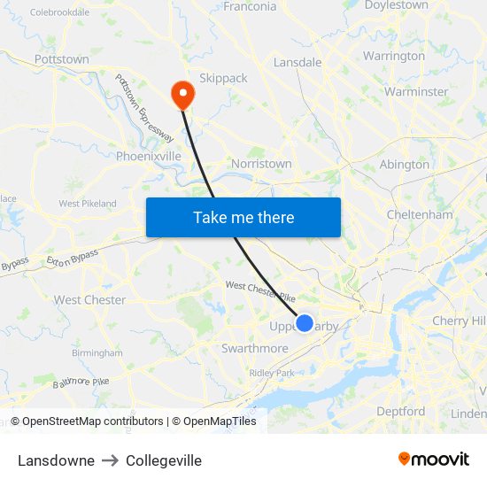 Lansdowne to Collegeville map