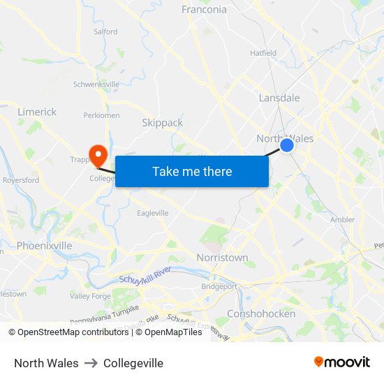 North Wales to Collegeville map