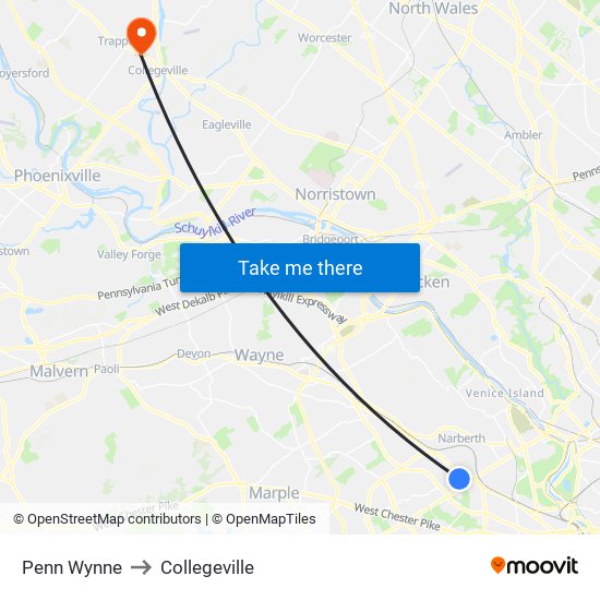 Penn Wynne to Collegeville map
