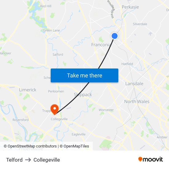 Telford to Collegeville map