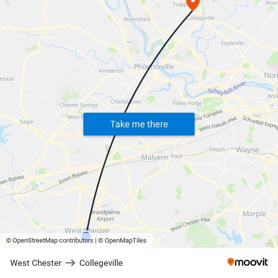 West Chester to Collegeville map