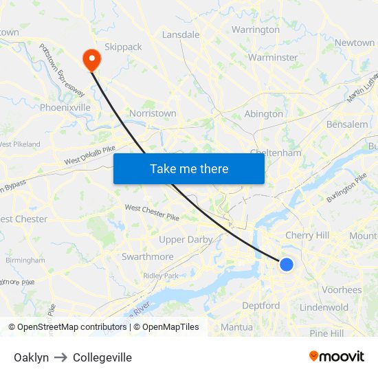 Oaklyn to Collegeville map