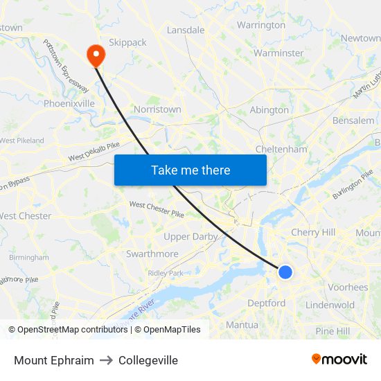 Mount Ephraim to Collegeville map