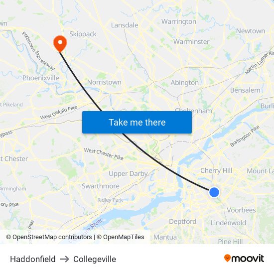 Haddonfield to Collegeville map