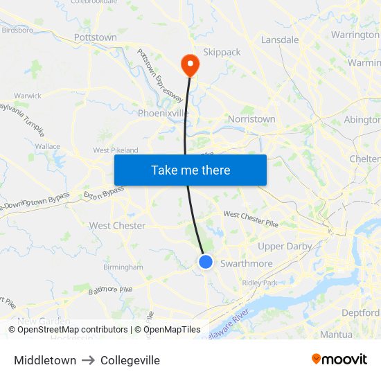 Middletown to Collegeville map