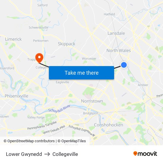Lower Gwynedd to Collegeville map