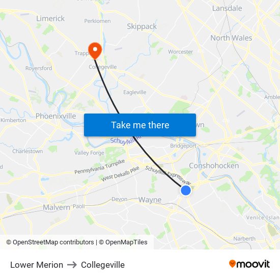 Lower Merion to Collegeville map