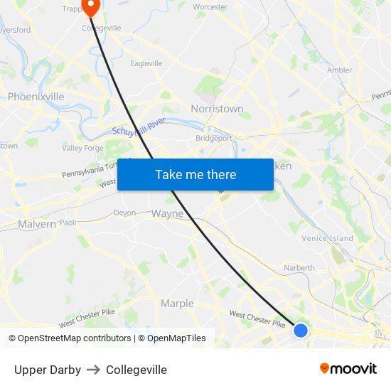Upper Darby to Collegeville map