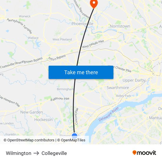 Wilmington to Collegeville map