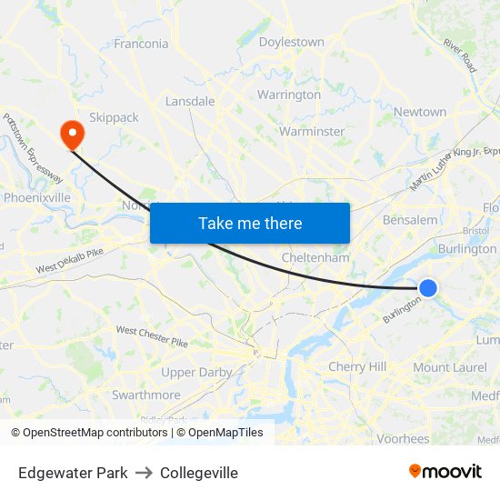 Edgewater Park to Collegeville map