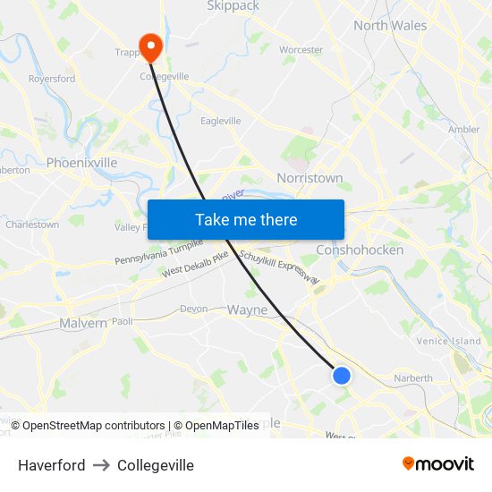 Haverford to Collegeville map
