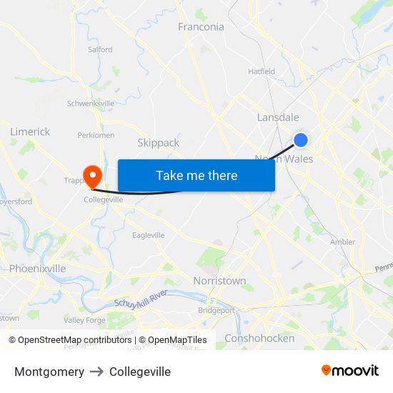 Montgomery to Collegeville map