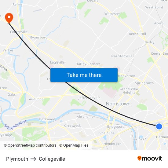 Plymouth to Collegeville map