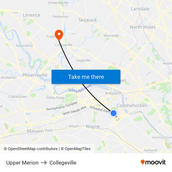 Upper Merion to Collegeville map
