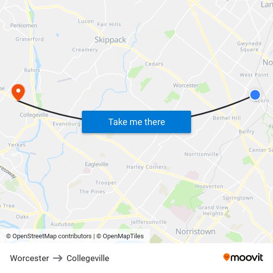 Worcester to Collegeville map