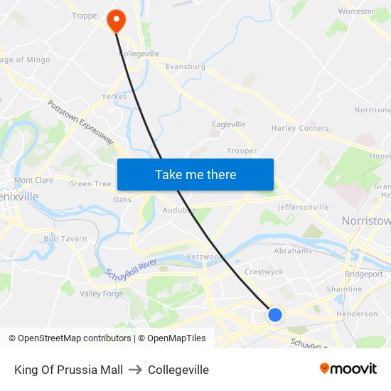 King Of Prussia Mall to Collegeville map