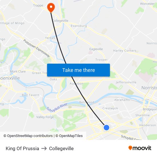 King Of Prussia to Collegeville map