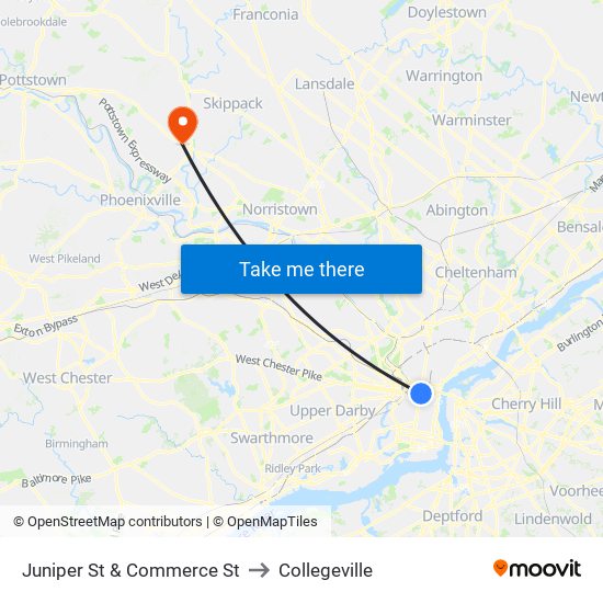 Juniper St & Commerce St to Collegeville map