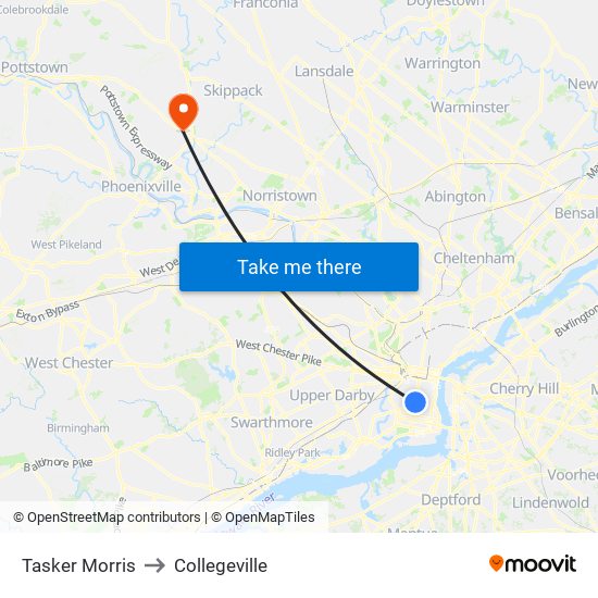 Tasker Morris to Collegeville map