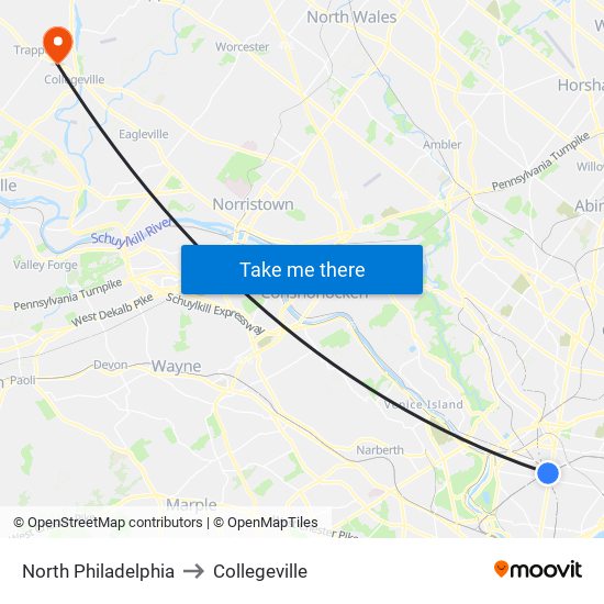 North Philadelphia to Collegeville map