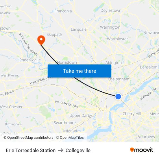 Erie Torresdale Station to Collegeville map