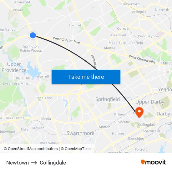 Newtown to Collingdale map