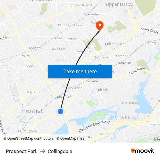 Prospect Park to Collingdale map