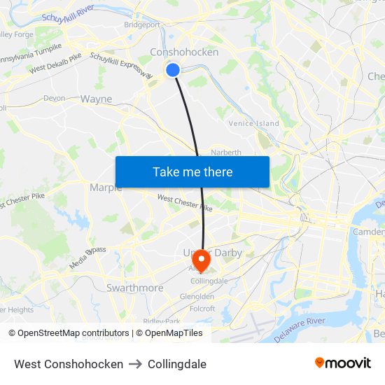 West Conshohocken to Collingdale map