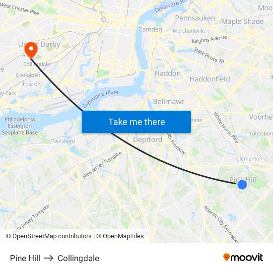 Pine Hill to Collingdale map