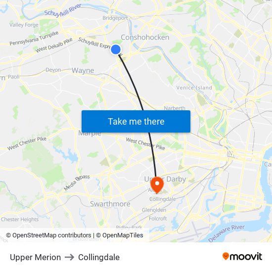 Upper Merion to Collingdale map