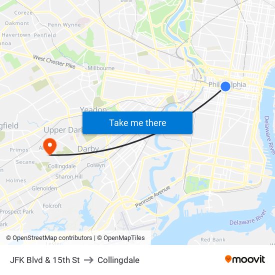 JFK Blvd & 15th St to Collingdale map