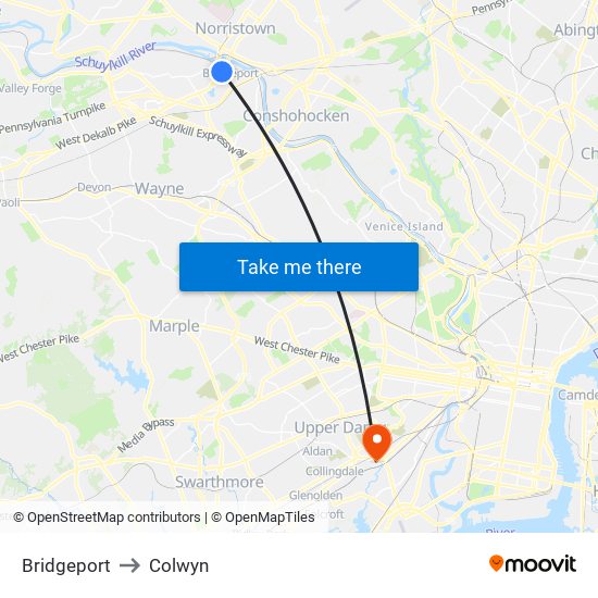 Bridgeport to Colwyn map