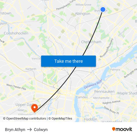 Bryn Athyn to Colwyn map