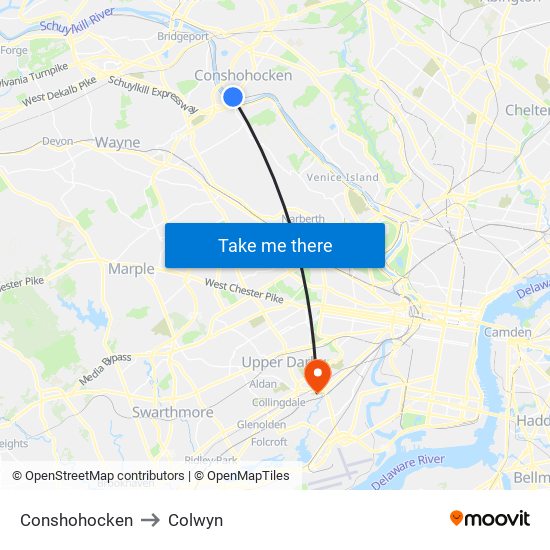 Conshohocken to Colwyn map