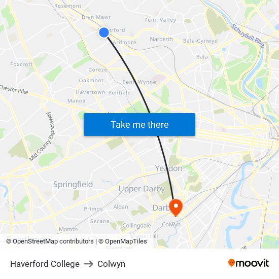 Haverford College to Colwyn map