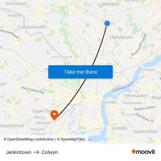 Jenkintown to Colwyn map