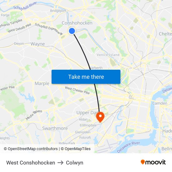West Conshohocken to Colwyn map