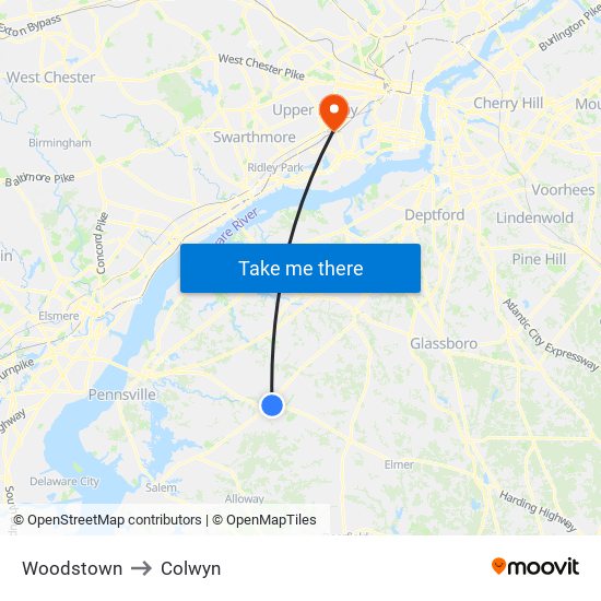Woodstown to Colwyn map