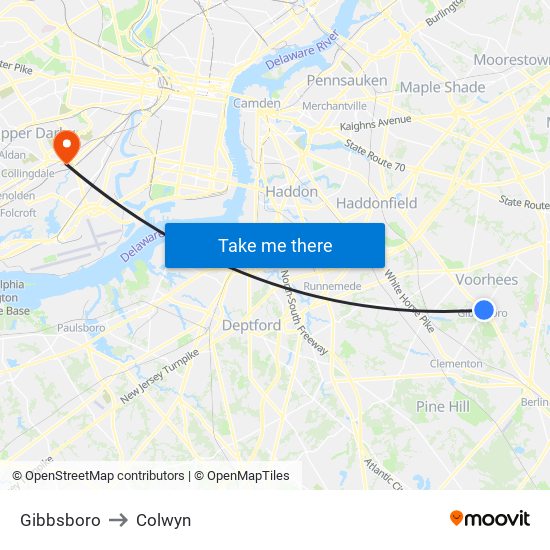 Gibbsboro to Colwyn map