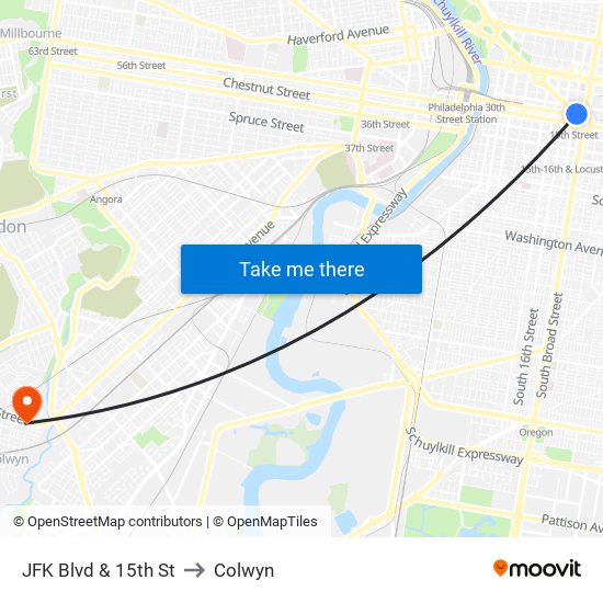 JFK Blvd & 15th St to Colwyn map