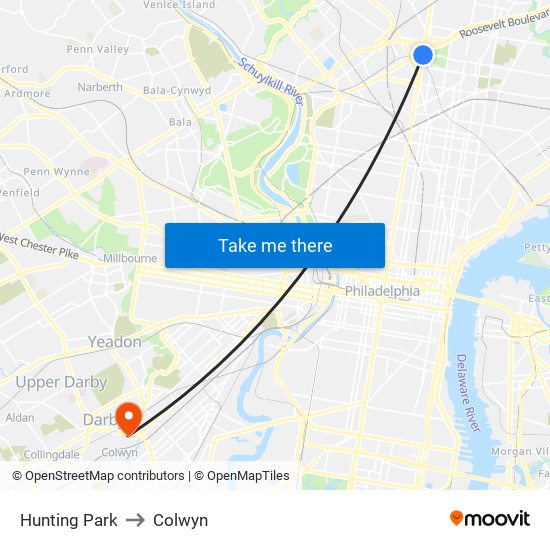 Hunting Park to Colwyn map