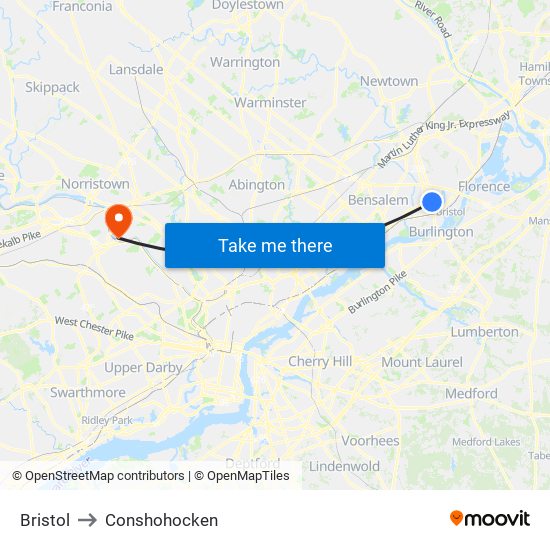 Bristol to Conshohocken map