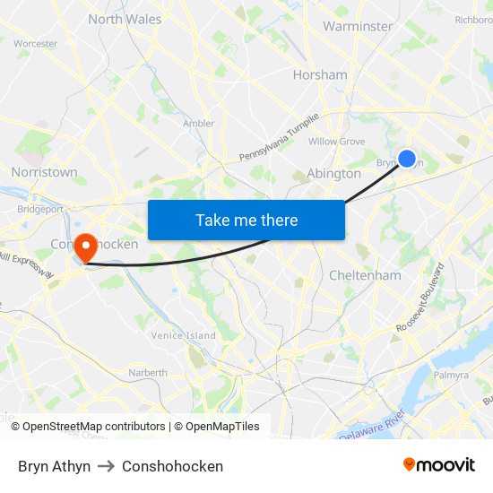 Bryn Athyn to Conshohocken map