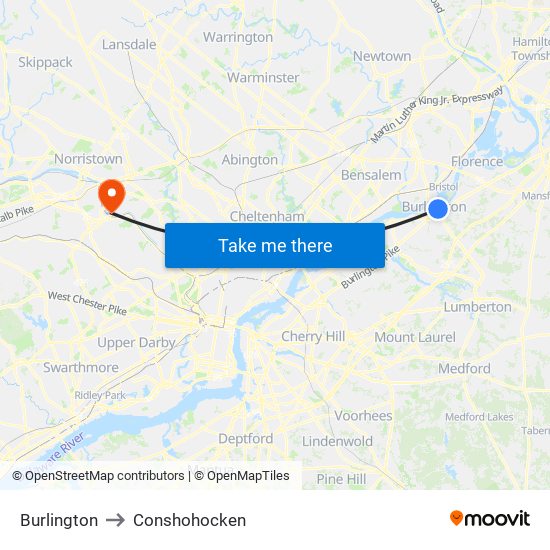 Burlington to Conshohocken map