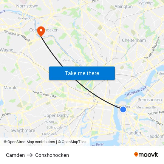 Camden to Conshohocken map