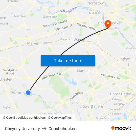 Cheyney University to Conshohocken map