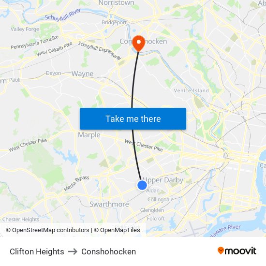 Clifton Heights to Conshohocken map